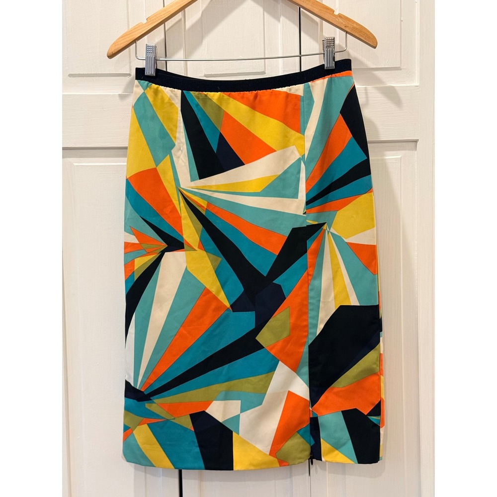 Worthington Geo Print Midi Pencil Skirt Sz 6 Teal Yellow Retro 60s Mod Full Zip